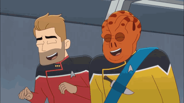 two cartoon characters are laughing with one wearing a mask