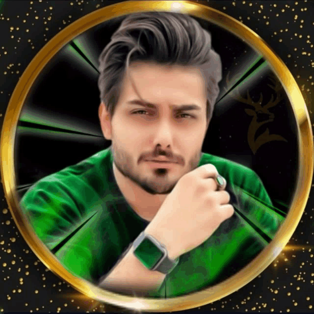 a man with a watch on his wrist is in a green circle