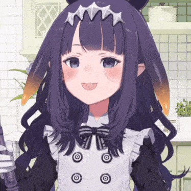 a girl with purple hair is wearing a black and white apron