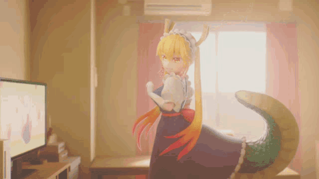 a girl with a dragon tail is standing in a room