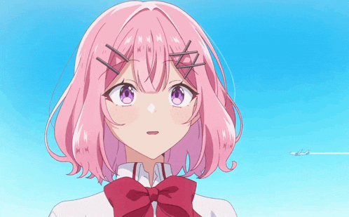 a girl with pink hair and purple eyes