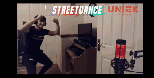 a person is dancing in front of a microphone with the words streetdance uniek gaming written on the bottom