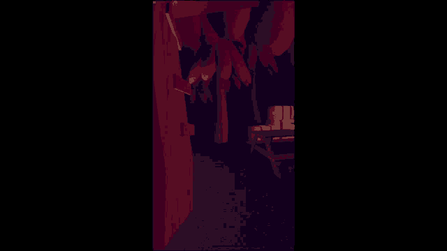 a little red riding hood is holding an axe in a dark room