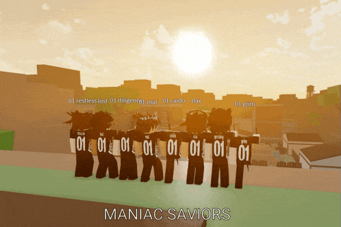a group of people standing next to each other with the words maniac saviors in the corner