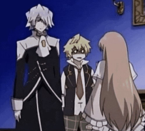 a group of anime characters are standing next to each other and talking .
