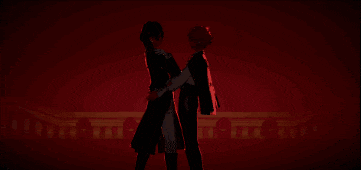 a pixel art of two anime characters standing next to each other looking at each other