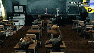 a video game screen shows a classroom with early morning written on it