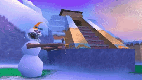 a snowman is standing in front of a pyramid with a purple sky in the background