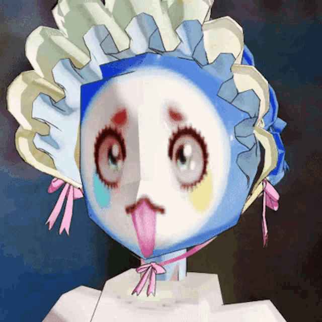 a blue and white cartoon character with a pink tongue