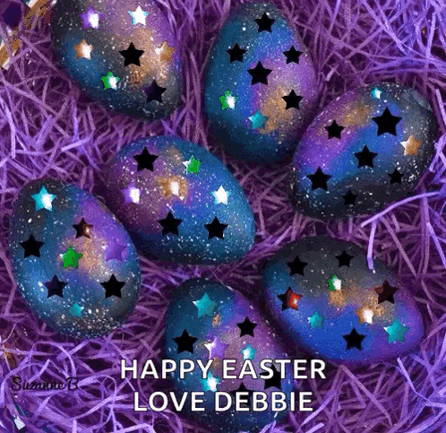 purple easter eggs with stars on them and the words happy easter love debbie on the bottom