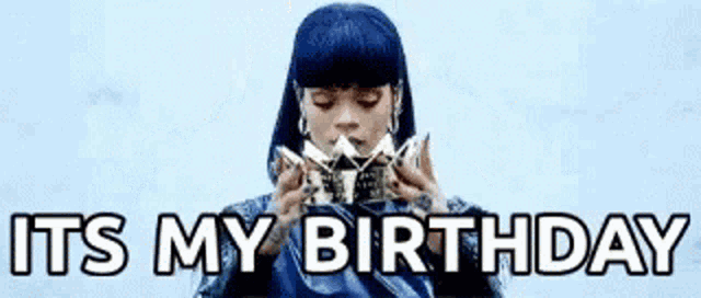 a woman wearing a crown on her head with the words `` it 's my birthday '' written below her .