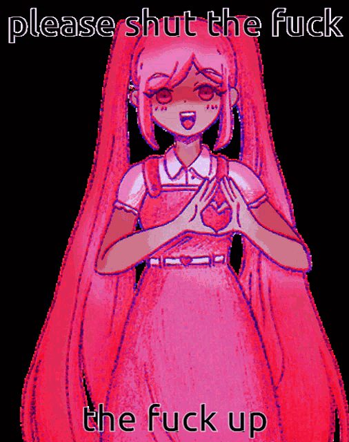 a girl with long pink hair is making a heart shape with her hands
