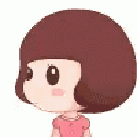 a cartoon girl with short brown hair and big eyes is wearing a pink shirt and has a red bow in her hair .