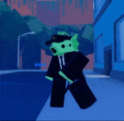 a cartoon character in a suit and hat is walking down the street