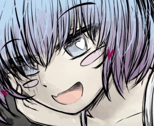 a close up of a drawing of a girl with blue hair