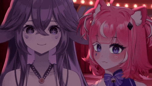 two anime girls are standing next to each other and one has purple hair