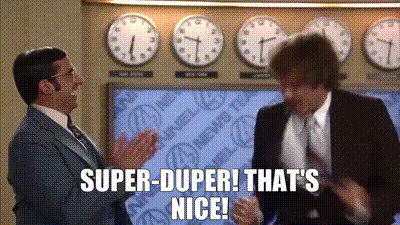 two men in suits are clapping in front of a wall of clocks with the words super-duper that 's nice .