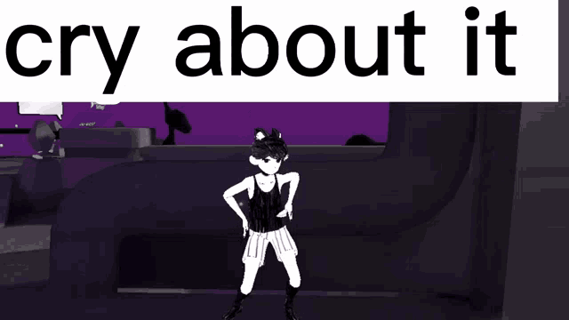 a video game character is being held by a hand with the words cry about it above her