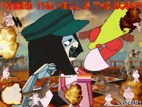 a cartoon of a man and a clown with the words where the hell is the dog