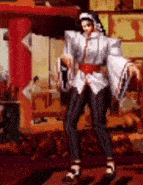 a cartoon character is dancing in a room with a bottle in her hand .