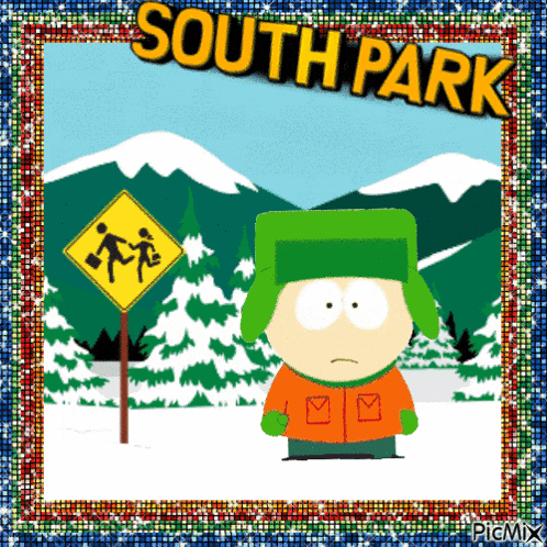 a cartoon character from south park stands in front of a snowy mountain