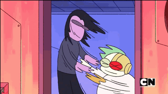 a cartoon of a person holding a cartoon character with cn written on the bottom