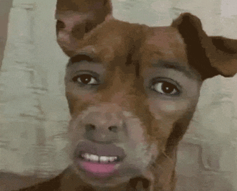 a close up of a dog 's face with a man 's face behind it
