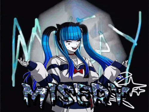 a picture of a girl with blue hair and the word mystery