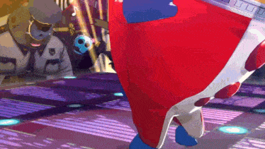 a cartoon character in a red and white outfit is walking on a dance floor