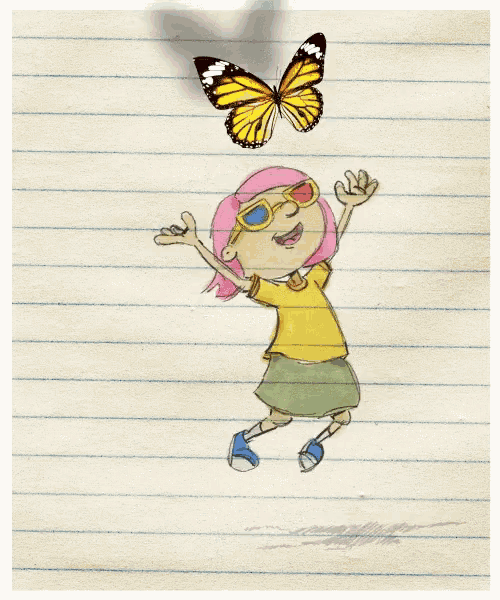 a drawing of a girl wearing 3d glasses and a butterfly