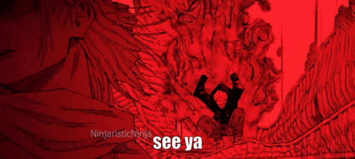 a red background with a cartoon character flying in the air and the words `` see ya '' .