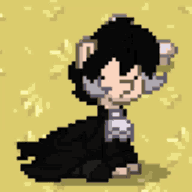 a pixel art of a cat with black hair and white ears laying on the ground .