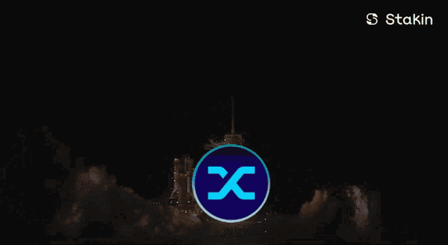 a picture of a rocket being launched with a staking logo in the background