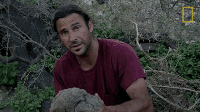 a man in a maroon shirt is holding a large rock in his hands