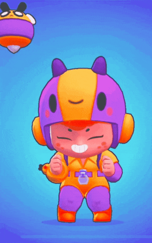a cartoon character wearing a purple and orange outfit