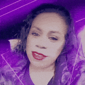 a woman with red lips and a purple background