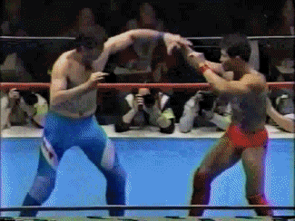 two men are wrestling in a ring with a crowd watching .