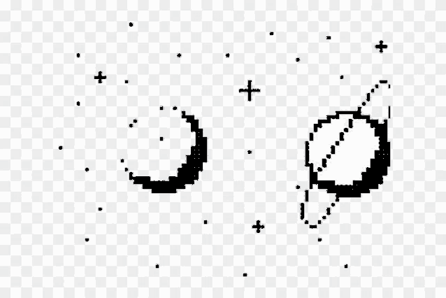 a black and white pixel art drawing of a crescent moon and planet .