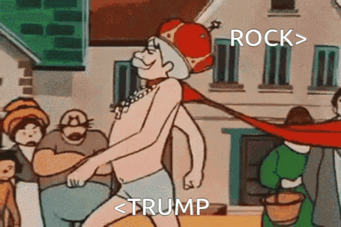 a cartoon of a shirtless man with a crown on his head and the words rock > trump below him