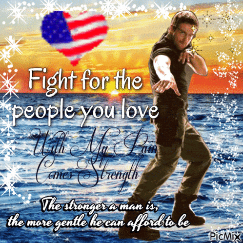 a picture of a man with the words " fight for the people you love with my pain comes strength "