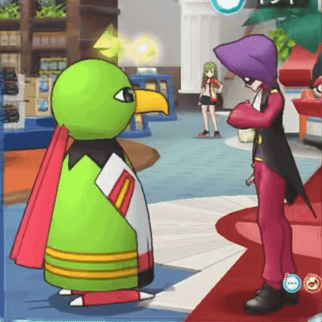 a green bird with a red cape is standing next to a man in a red suit .