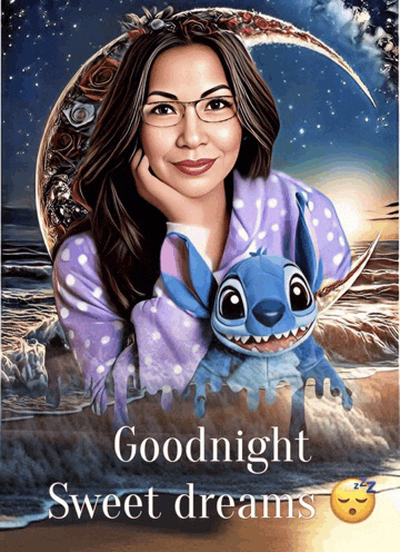 a painting of a woman with a stuffed animal and the words goodnight sweet dreams