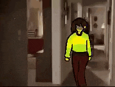a pixel art of a person walking down a hallway in a house .