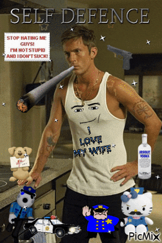 a man in a tank top that says self defence