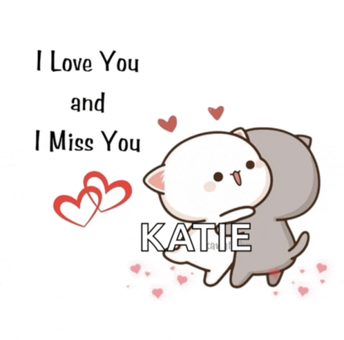 a cartoon cat is hugging another cat with the words i love you and i miss you katie