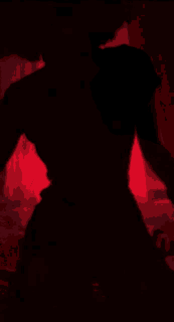 a silhouette of a woman laying on a bed with red curtains behind her .