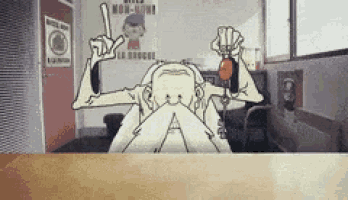 a cartoon drawing of a man sitting at a desk with a sign on the wall that says non-fume