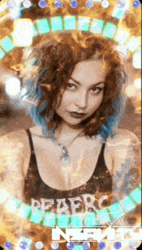 a woman with blue hair is surrounded by flames and a sign that says nirvana