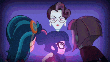 a cartoon drawing of a woman with glasses standing next to two other girls