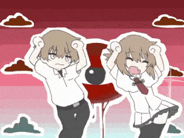 a boy and a girl standing next to each other with their hands in the air
